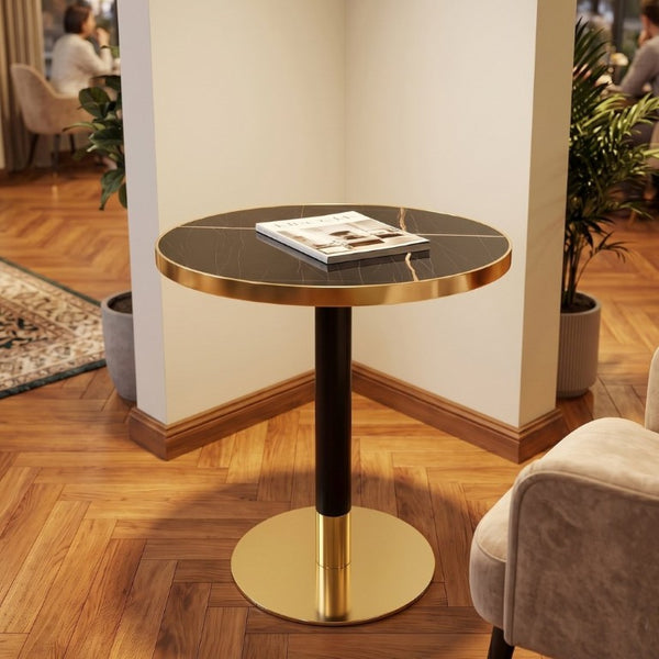 English Elm 23.6 Inch Round Marble Texture Dining Table with Steel Edge and Modern Metal Base Black+Grey, Gold W2920P542999