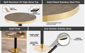 English Elm 23.6 Inch Round Marble Texture Dining Table with Steel Edge and Modern Metal Base Black+Grey, Gold W2920P542999
