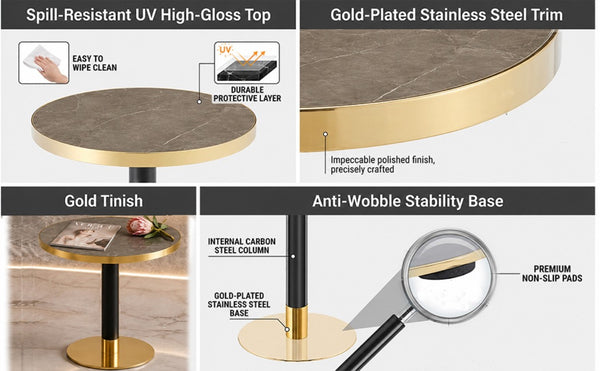 English Elm 23.6 Inch Round Marble Texture Dining Table with Steel Edge and Modern Metal Base Black+Grey, Gold W2920P542999