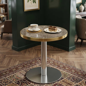 English Elm 23.6 Inch Round Marble Texture Dining Table with Steel Edge and Modern Metal Base Grey+Gold, Silver W2920P543005