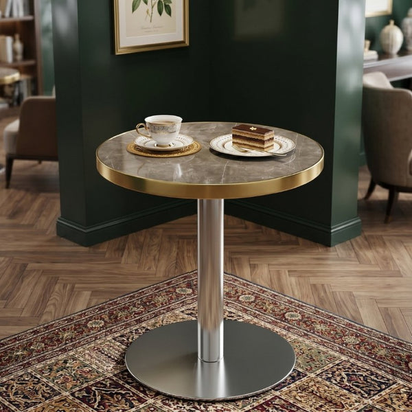 English Elm 23.6 Inch Round Marble Texture Dining Table with Steel Edge and Modern Metal Base Grey+Gold, Silver W2920P543005