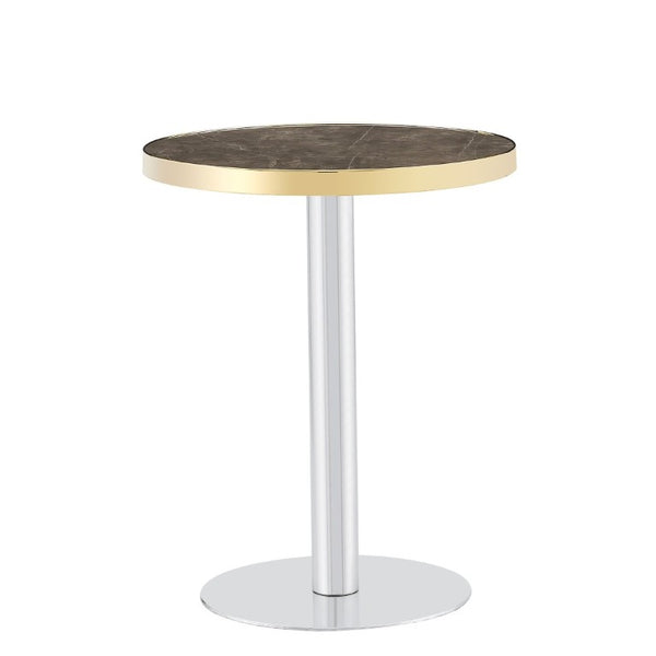 English Elm 23.6 Inch Round Marble Texture Dining Table with Steel Edge and Modern Metal Base Grey+Gold, Silver W2920P543005
