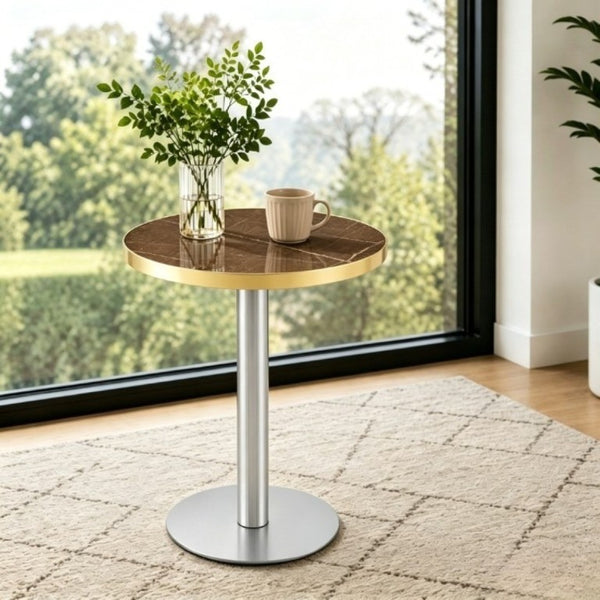English Elm 23.6 Inch Round Marble Texture Dining Table with Steel Edge and Modern Metal Base Grey+Gold, Silver W2920P543005