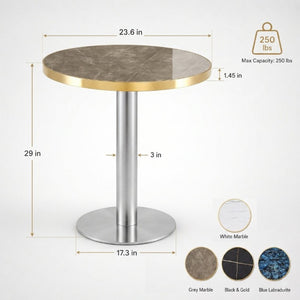 English Elm 23.6 Inch Round Marble Texture Dining Table with Steel Edge and Modern Metal Base Grey+Gold, Silver W2920P543005