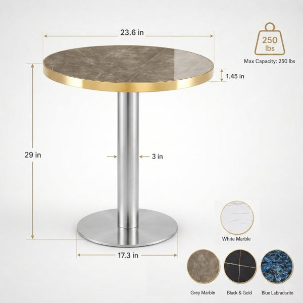 English Elm 23.6 Inch Round Marble Texture Dining Table with Steel Edge and Modern Metal Base Grey+Gold, Silver W2920P543005