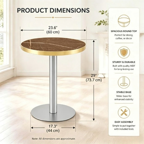 English Elm 23.6 Inch Round Marble Texture Dining Table with Steel Edge and Modern Metal Base Grey+Gold, Silver W2920P543005