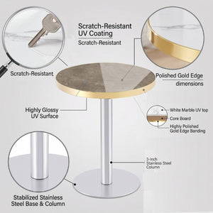 English Elm 23.6 Inch Round Marble Texture Dining Table with Steel Edge and Modern Metal Base Grey+Gold, Silver W2920P543005
