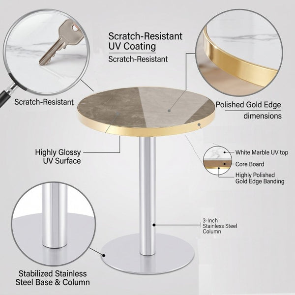 English Elm 23.6 Inch Round Marble Texture Dining Table with Steel Edge and Modern Metal Base Grey+Gold, Silver W2920P543005