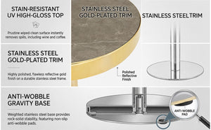 English Elm 23.6 Inch Round Marble Texture Dining Table with Steel Edge and Modern Metal Base Grey+Gold, Silver W2920P543005