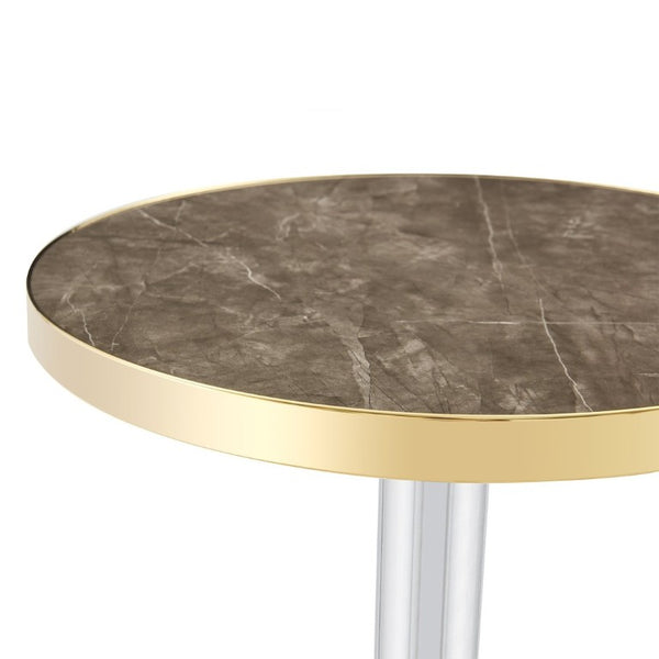 English Elm 23.6 Inch Round Marble Texture Dining Table with Steel Edge and Modern Metal Base Grey+Gold, Silver W2920P543005