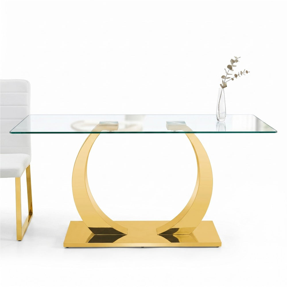 English Elm 63 Inch Rectangular Tempered Glass Dining Table with Brushed Gold Stainless Steel Legs W2920S00036