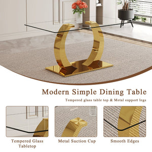 English Elm 63 Inch Rectangular Tempered Glass Dining Table with Brushed Gold Stainless Steel Legs W2920S00036
