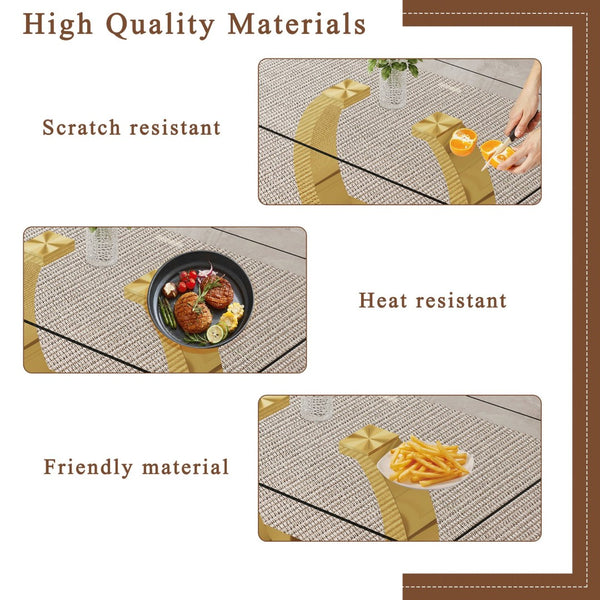 English Elm 63 Inch Rectangular Tempered Glass Dining Table with Brushed Gold Stainless Steel Legs W2920S00036