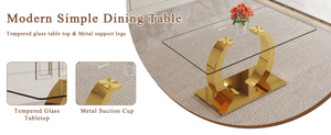 English Elm 63 Inch Rectangular Tempered Glass Dining Table with Brushed Gold Stainless Steel Legs W2920S00036
