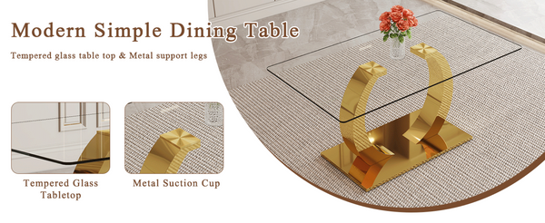 English Elm 63 Inch Rectangular Tempered Glass Dining Table with Brushed Gold Stainless Steel Legs W2920S00036