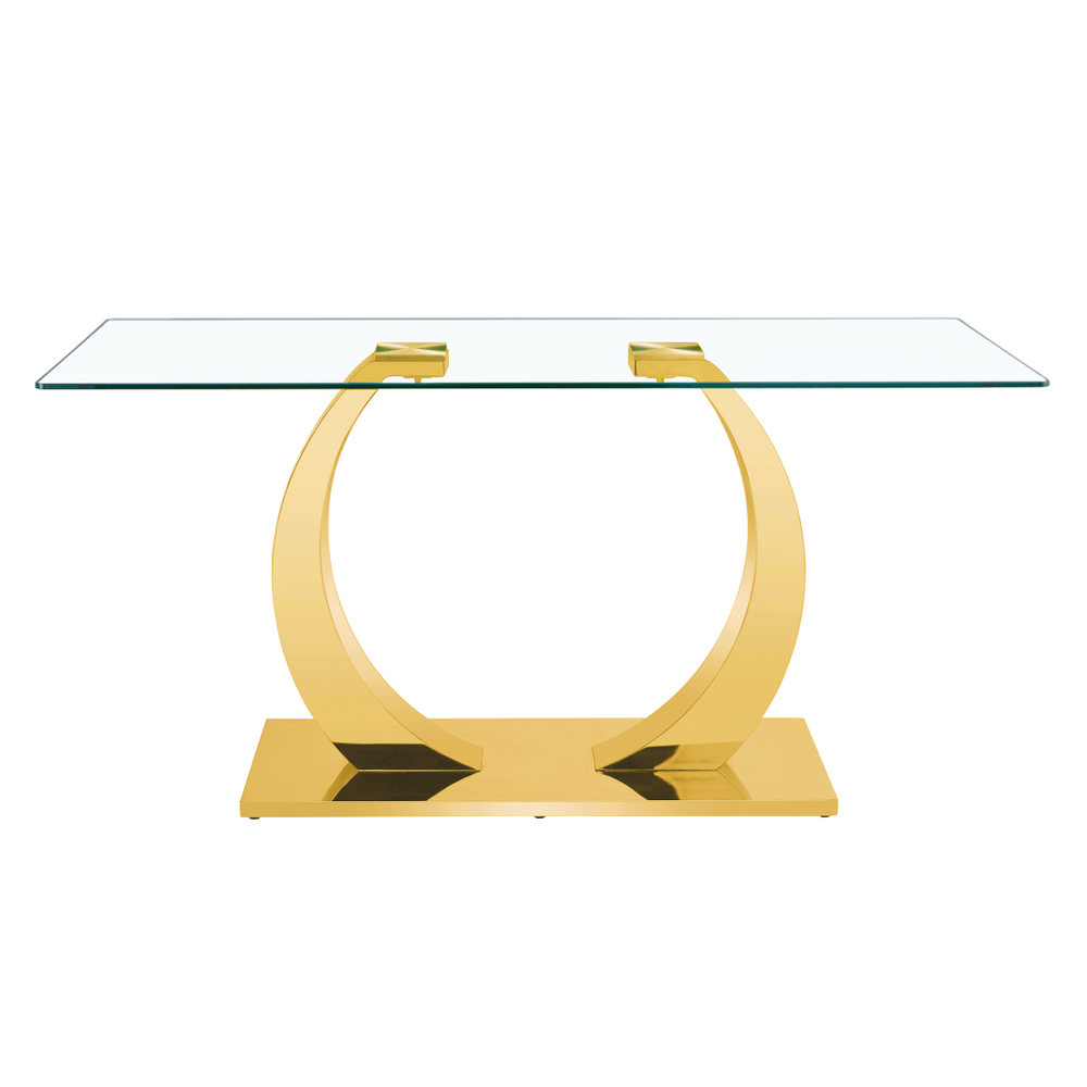 English Elm 63 Inch Rectangular Tempered Glass Dining Table with Brushed Gold Stainless Steel Legs W2920S00036