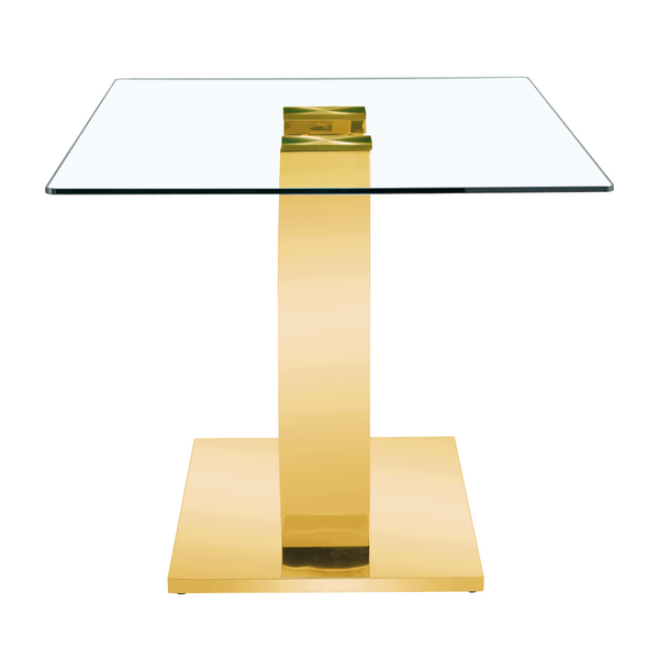 English Elm 63 Inch Rectangular Tempered Glass Dining Table with Brushed Gold Stainless Steel Legs W2920S00036