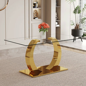 English Elm 63 Inch Rectangular Tempered Glass Dining Table with Brushed Gold Stainless Steel Legs W2920S00036