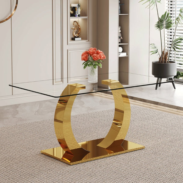 English Elm 63 Inch Rectangular Tempered Glass Dining Table with Brushed Gold Stainless Steel Legs W2920S00036