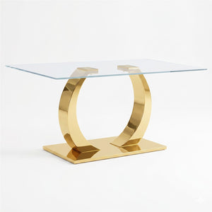 English Elm 63 Inch Rectangular Tempered Glass Dining Table with Brushed Gold Stainless Steel Legs W2920S00036