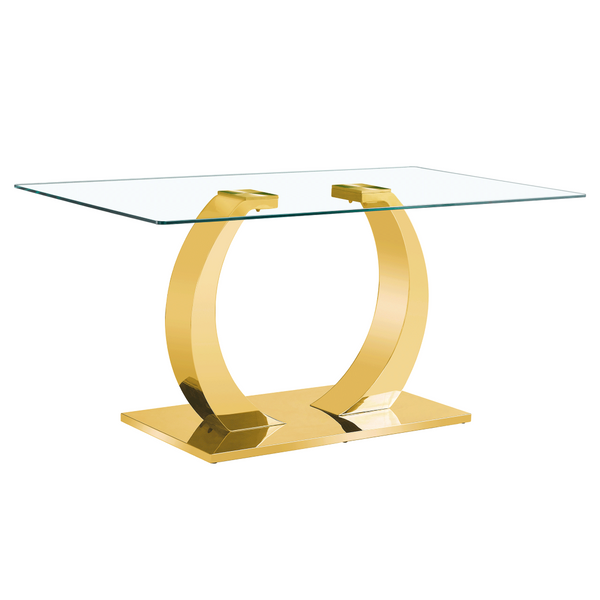 English Elm 63 Inch Rectangular Tempered Glass Dining Table with Brushed Gold Stainless Steel Legs W2920S00036