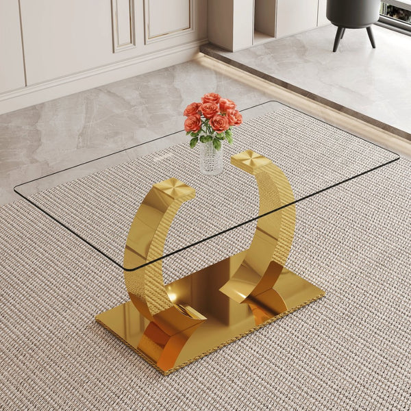 English Elm 63 Inch Rectangular Tempered Glass Dining Table with Brushed Gold Stainless Steel Legs W2920S00036