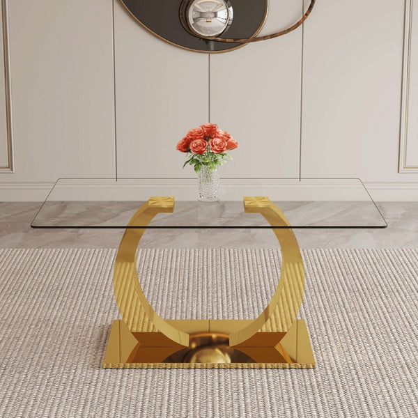 English Elm 63 Inch Rectangular Tempered Glass Dining Table with Brushed Gold Stainless Steel Legs W2920S00036