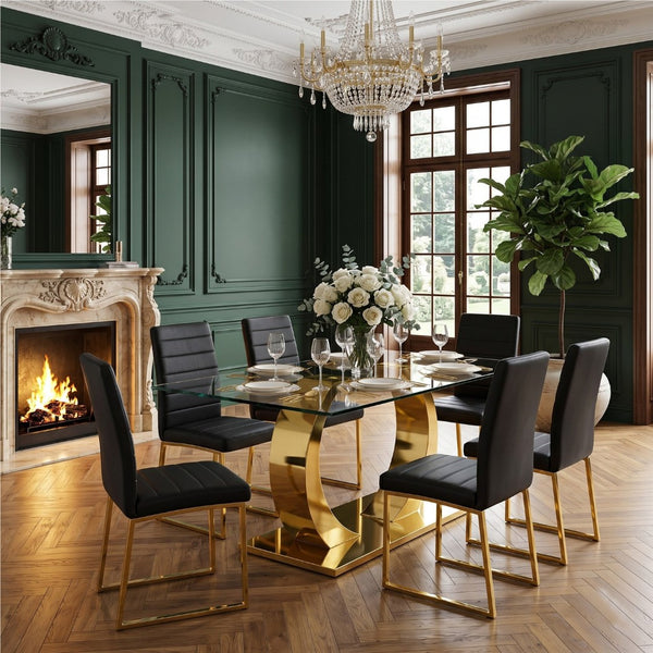 English Elm 63 Inch Glass Top Dining Set with Six Upholstered Chairs and Gold Accent Frames W2920S00158