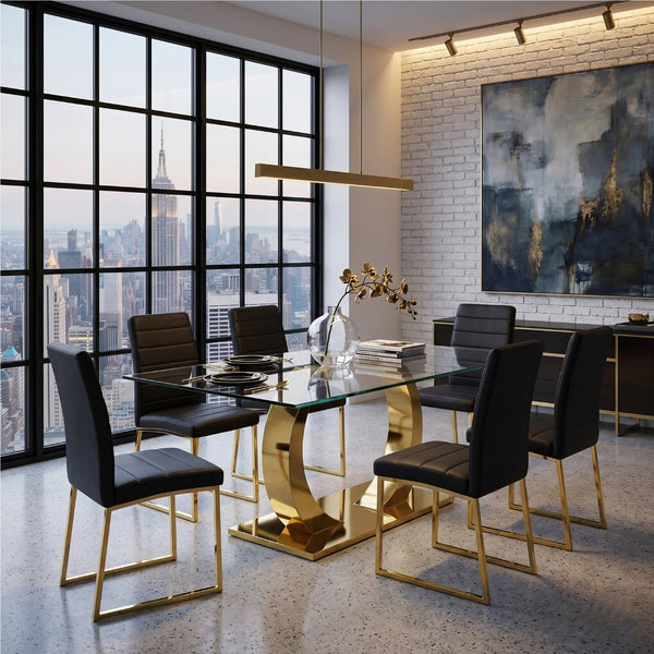 English Elm 63 Inch Glass Top Dining Set with Six Upholstered Chairs and Gold Accent Frames W2920S00158