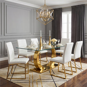 English Elm 63 Inch Glass Top Dining Set with Six Upholstered Chairs and Gold Accent Frame W2920S00159
