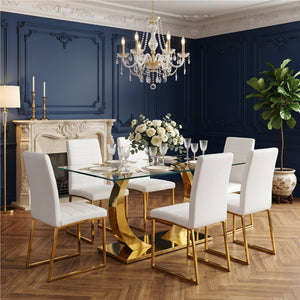 English Elm 63 Inch Glass Top Dining Set with Six Upholstered Chairs and Gold Accent Frame W2920S00159