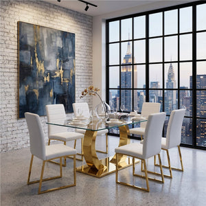 English Elm 63 Inch Glass Top Dining Set with Six Upholstered Chairs and Gold Accent Frame W2920S00159