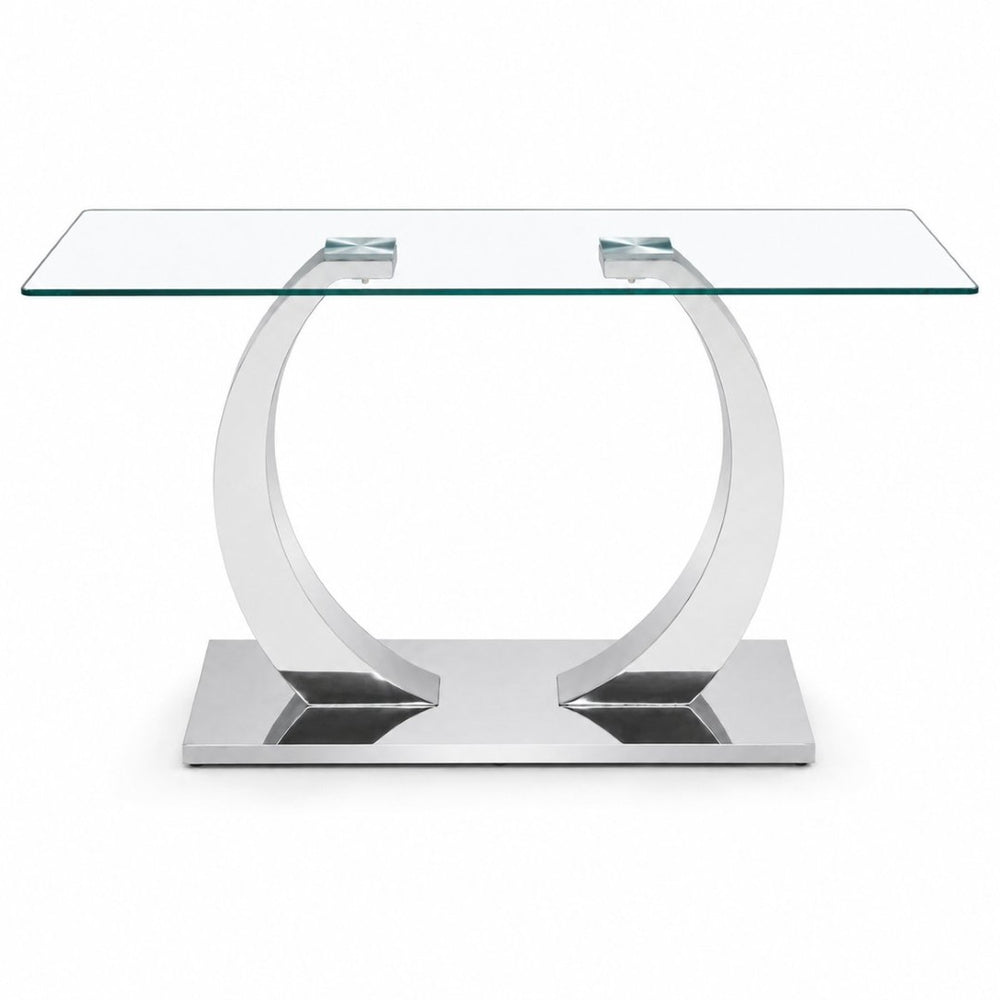 English Elm 63 Inch Rectangular Tempered Glass Dining Table Seats Six with Steel O-Shaped Legs W2920S00165