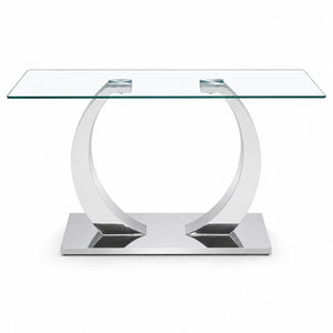 English Elm 63 Inch Rectangular Tempered Glass Dining Table Seats Six with Steel O-Shaped Legs W2920S00165