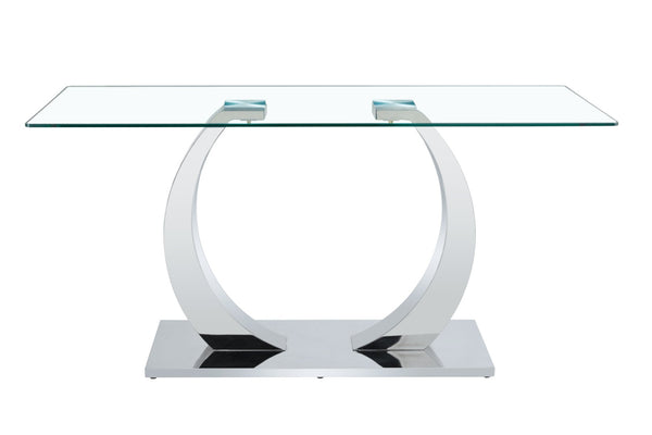 English Elm 63 Inch Rectangular Tempered Glass Dining Table Seats Six with Steel O-Shaped Legs W2920S00165