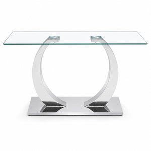 English Elm 63 Inch Rectangular Tempered Glass Dining Table Seats Six with Steel O-Shaped Legs W2920S00165