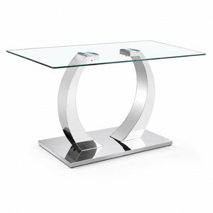 English Elm 63 Inch Rectangular Tempered Glass Dining Table Seats Six with Steel O-Shaped Legs W2920S00165