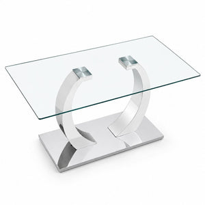English Elm 63 Inch Rectangular Tempered Glass Dining Table Seats Six with Steel O-Shaped Legs W2920S00165