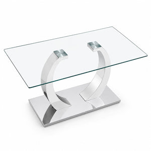English Elm 63 Inch Rectangular Tempered Glass Dining Table Seats Six with Steel O-Shaped Legs W2920S00165