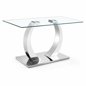 English Elm 63 Inch Rectangular Tempered Glass Dining Table Seats Six with Steel O-Shaped Legs W2920S00165