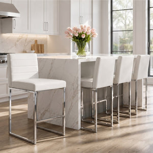 English Elm 25.6 Inch Counter Stools Set of 4 PU Upholstered Modern Metal Seating for Kitchen Island Silver+White W2920S00167