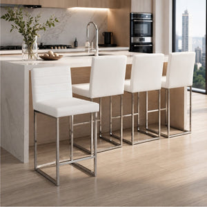 English Elm 25.6 Inch Counter Stools Set of 4 PU Upholstered Modern Metal Seating for Kitchen Island Silver+White W2920S00167