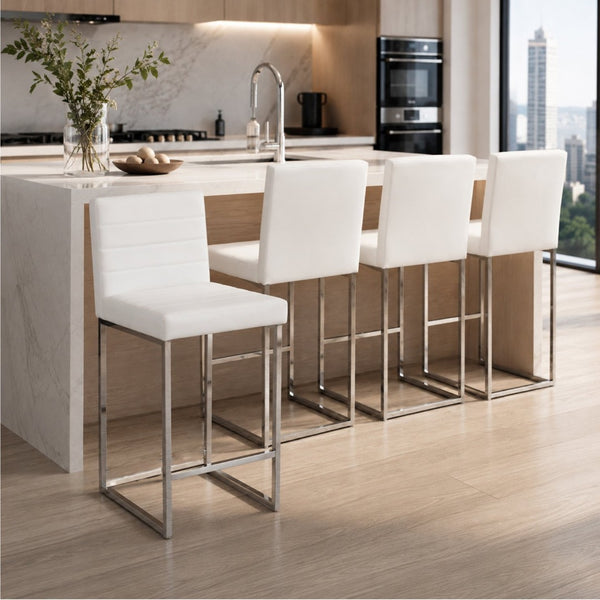 English Elm 25.6 Inch Counter Stools Set of 4 PU Upholstered Modern Metal Seating for Kitchen Island Silver+White W2920S00167