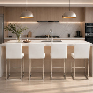 English Elm 25.6 Inch Counter Stools Set of 4 PU Upholstered Modern Metal Seating for Kitchen Island Silver+White W2920S00167