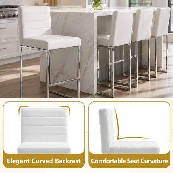 English Elm 25.6 Inch Counter Stools Set of 4 PU Upholstered Modern Metal Seating for Kitchen Island Silver+White W2920S00167