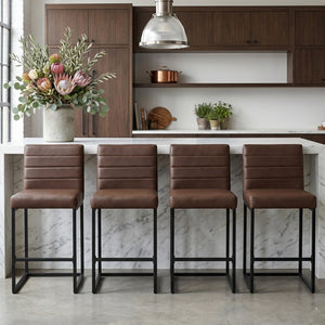 English Elm 25.6 Inch Counter Stools Set of 4 PU Upholstered Modern Metal Seating for Kitchen Island Black Brown W2920S00168