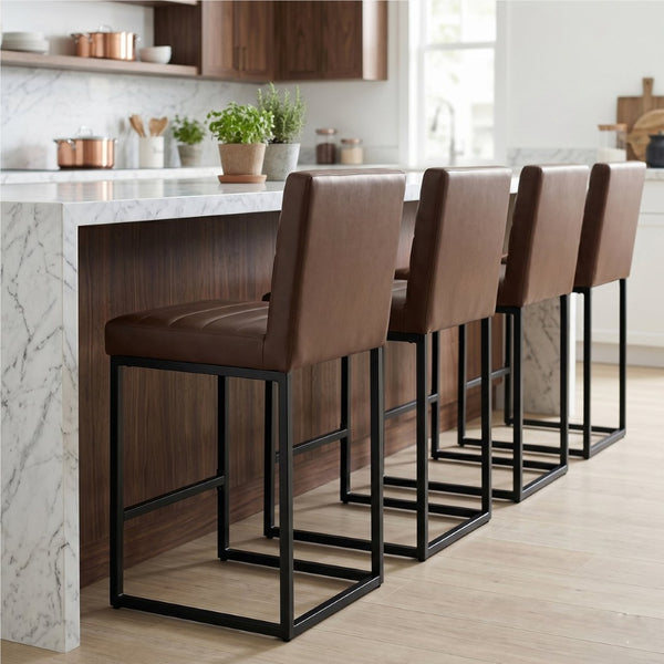 English Elm 25.6 Inch Counter Stools Set of 4 PU Upholstered Modern Metal Seating for Kitchen Island Black Brown W2920S00168