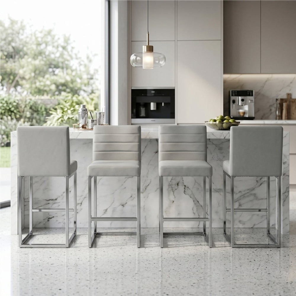 English Elm 25.6 Inch Counter Stools Set of 4 PU Upholstered Modern Metal Seating for Kitchen Island Grey+Silver W2920S00170