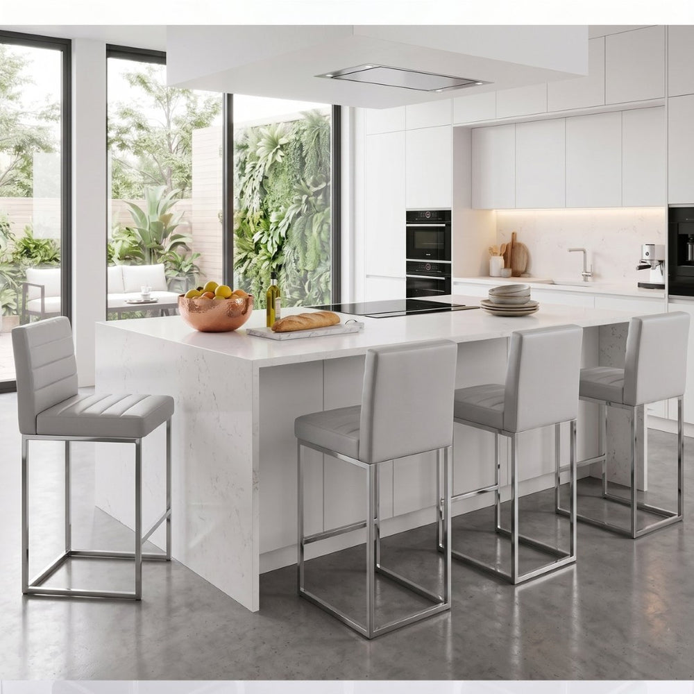 English Elm 25.6 Inch Counter Stools Set of 4 PU Upholstered Modern Metal Seating for Kitchen Island Grey+Silver W2920S00170