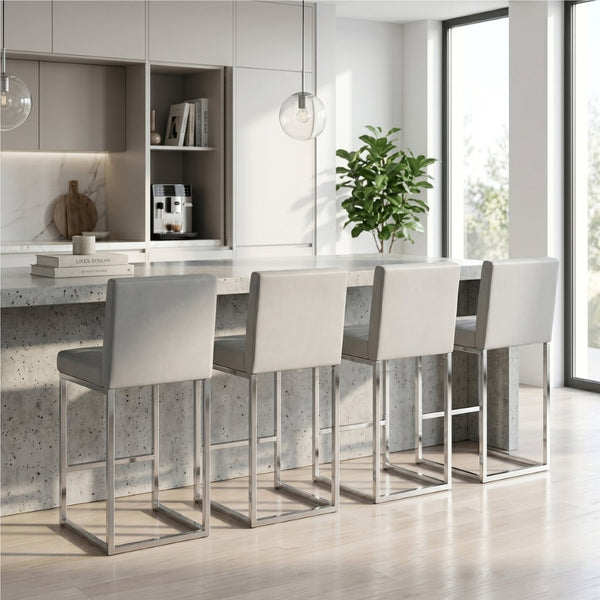 English Elm 25.6 Inch Counter Stools Set of 4 PU Upholstered Modern Metal Seating for Kitchen Island Grey+Silver W2920S00170